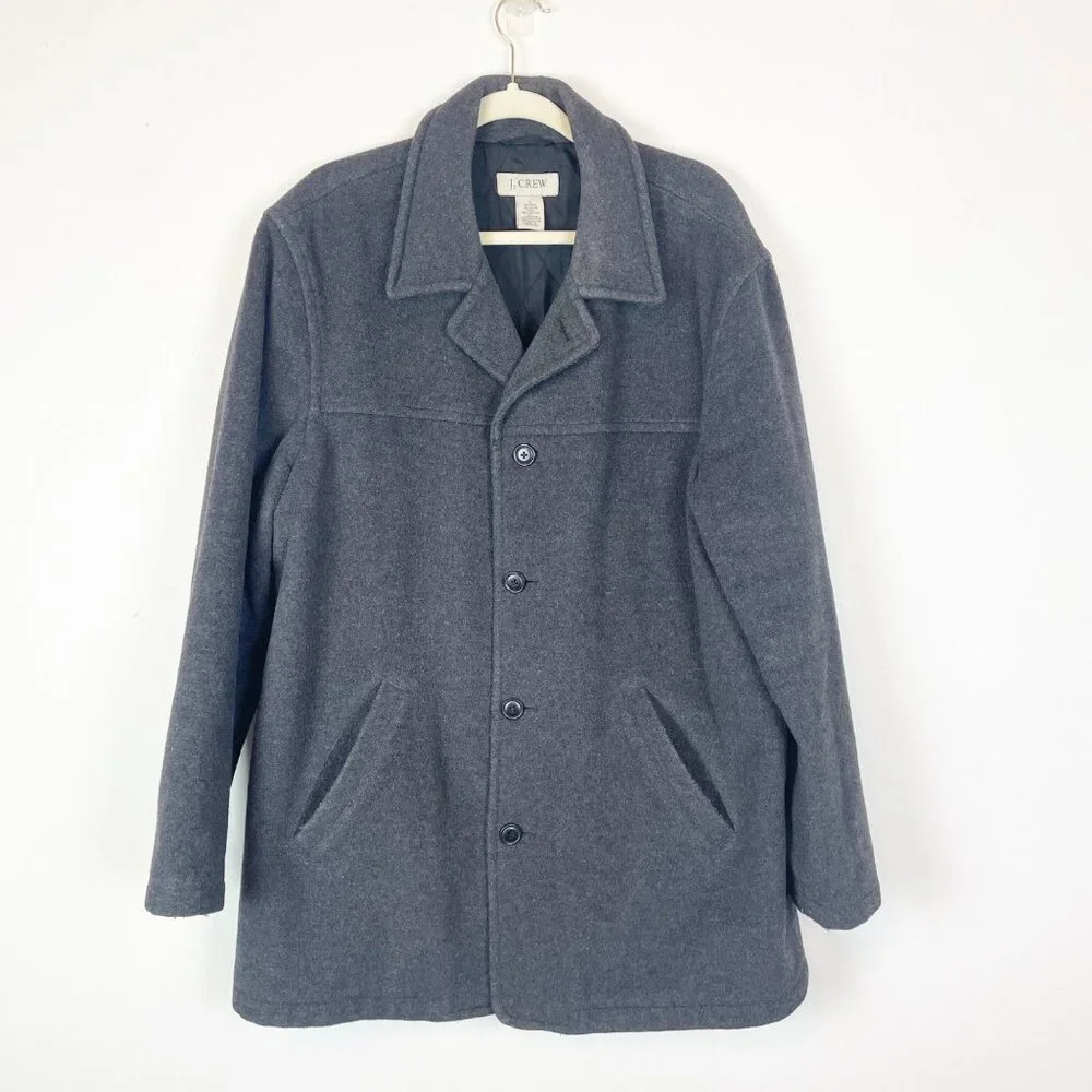 J. Crew Men's L Gray Charcoal Wool‎ Blend Classic University Peacoat Overcoat